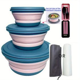 3pcs/set Camping Bowl; Silicone Collapsible Bowl Lunch Box Salad Bowl With Lid; Expandable Food Storage Containers Set With Folding - Pink