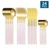 24pcs/Set Stainless Steel Cutlery; Portuguese Cutlery Spoon; Western Cutlery Set - Gold + Pink