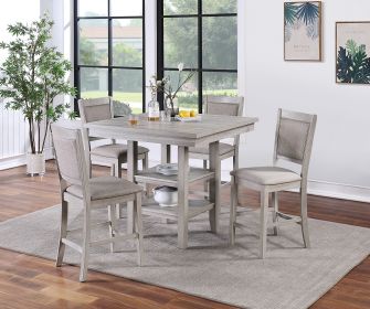 Dining Room Furniture Counter Height 5pc Set Square Table w Shelves Cushion Chairs Modern Contemporary Style - as Pic