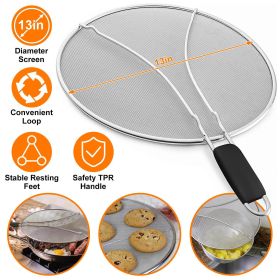 Grease Splatter Screen 13in Stainless Steel Fine Mesh Splash Mesh Shield Hot Oil Stopper - Silver